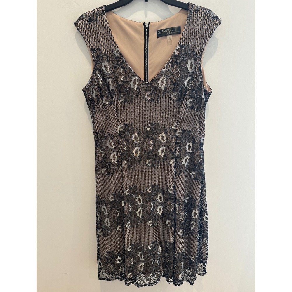 Glamour by Gabriella Skye Black Silver Metallic Lace Sheath Dress Size 12